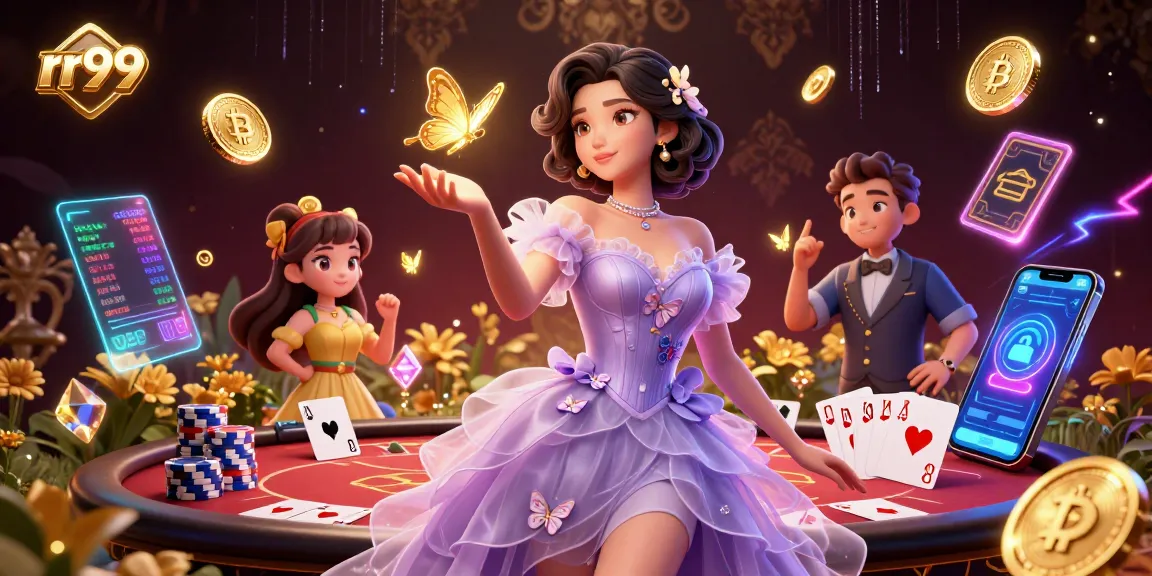 Play thrilling card games at rr99 with a stunning Asian woman and vibrant poker elements.