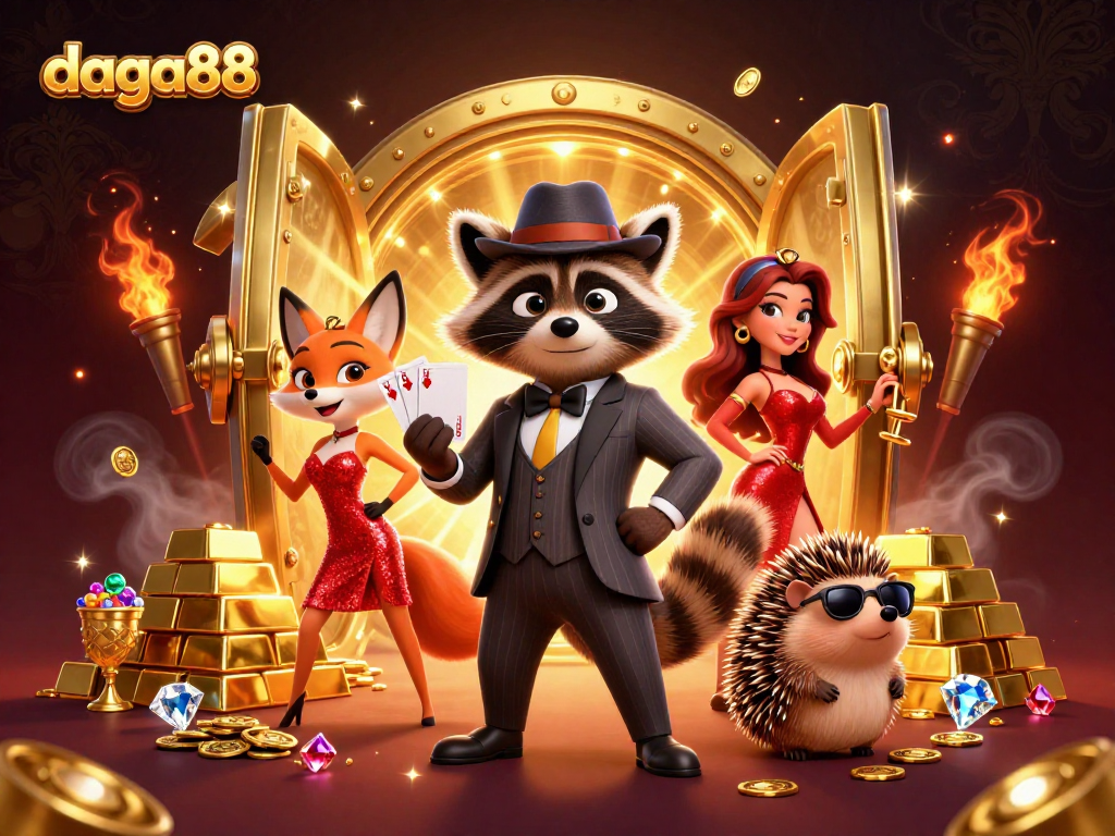 Bet on daga88 with our confident raccoon and dazzling fox, in a rich gambling scene