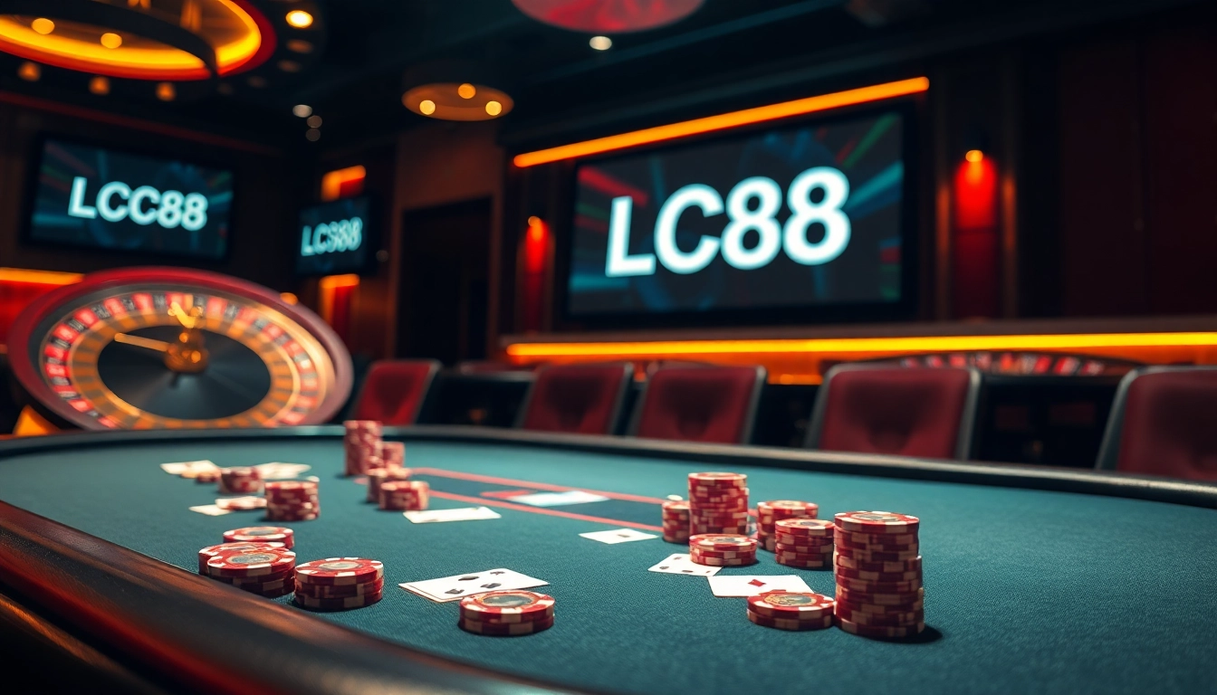 Engaged players at a luxurious LC88 casino poker table with vibrant chips and cards.