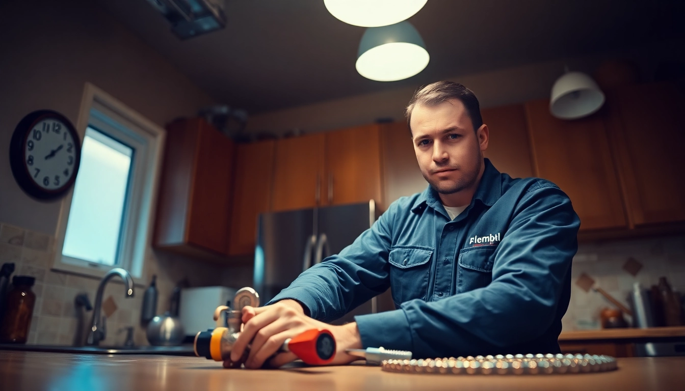 24 hour plumber nyc repairing a burst pipe in a New York kitchen at night, showcasing professionalism and urgency.