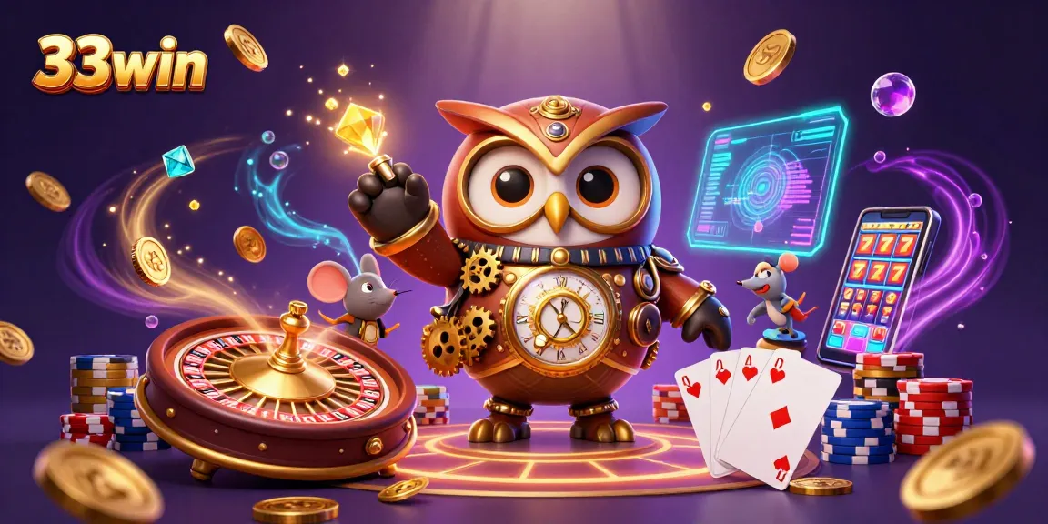 Experience thrilling wins at 33win with a vibrant casino-themed adventure showcasing unique characters and games.