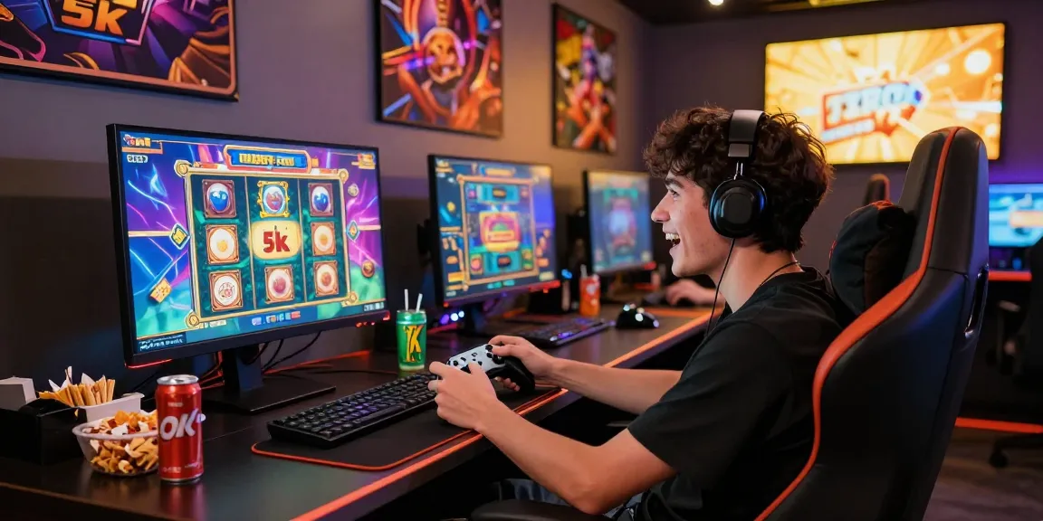 Player enjoying a slot depo 5k game experience with vibrant graphics and snacks.