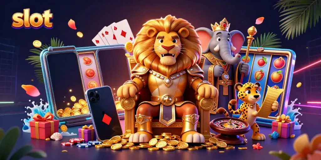 Experience vibrant slot action in a 3D scene with a lion king and game elements.