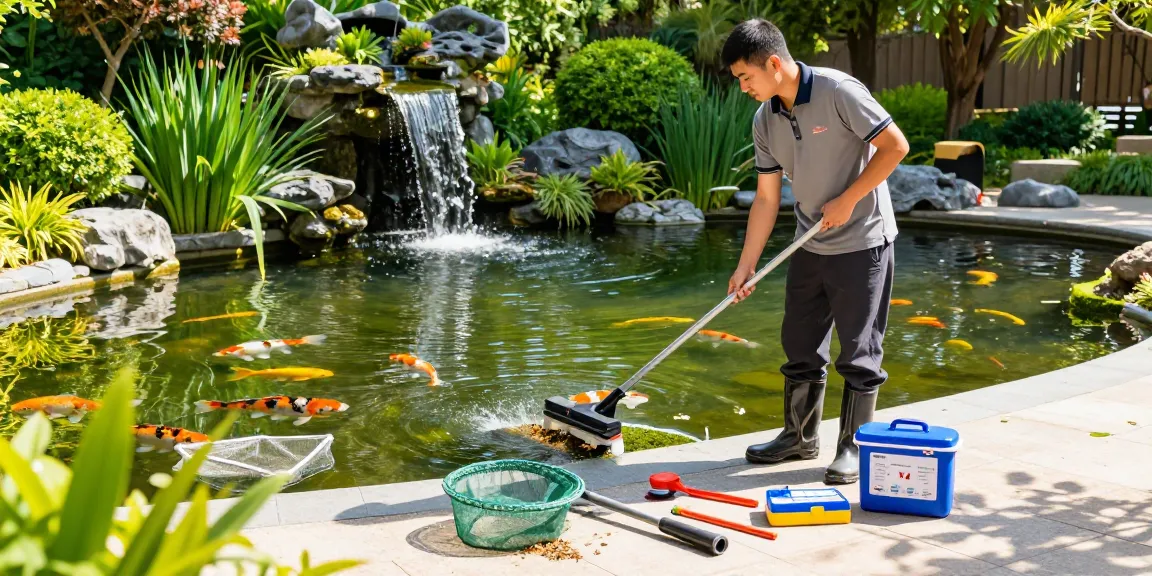 Professional Pond Cleaning London with a pond cleaner removing debris from a koi pond in a bright, serene garden setting.