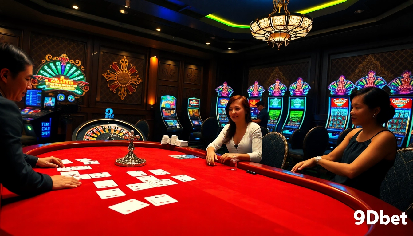 Exciting casino scene of 9Dbet featuring poker, roulette, and slot machines thrilling players.
