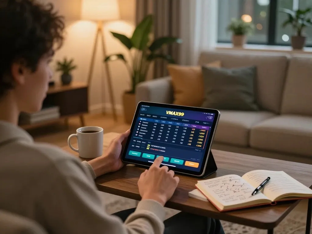 Engaging online gambling experience at https://vmax99.vip/ with a user enjoying sports betting on a tablet