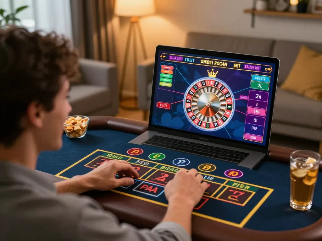 Player engaging with online 99win casino through laptop in a cozy home setting while placing bets.