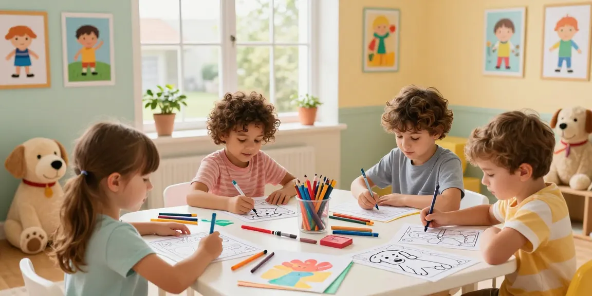 Easy coloring for preschoolers with kids creating vibrant Labrador Retriever art.