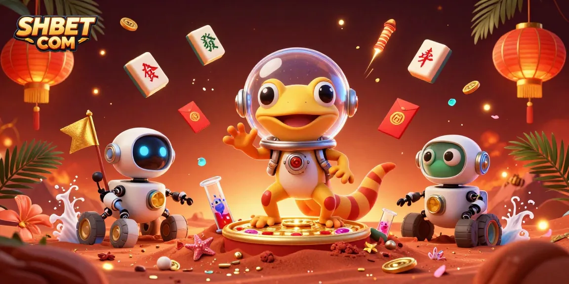 Experience the excitement of SHBET COM with a colorful 3D casino scene featuring a Martian gecko and festive decorations