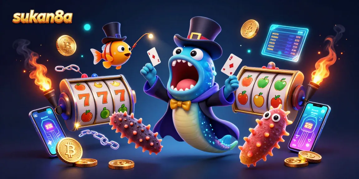 Sukan8a showcases a bioluminescent deep-sea eel presenting vibrant slot reels in an engaging casino scene.