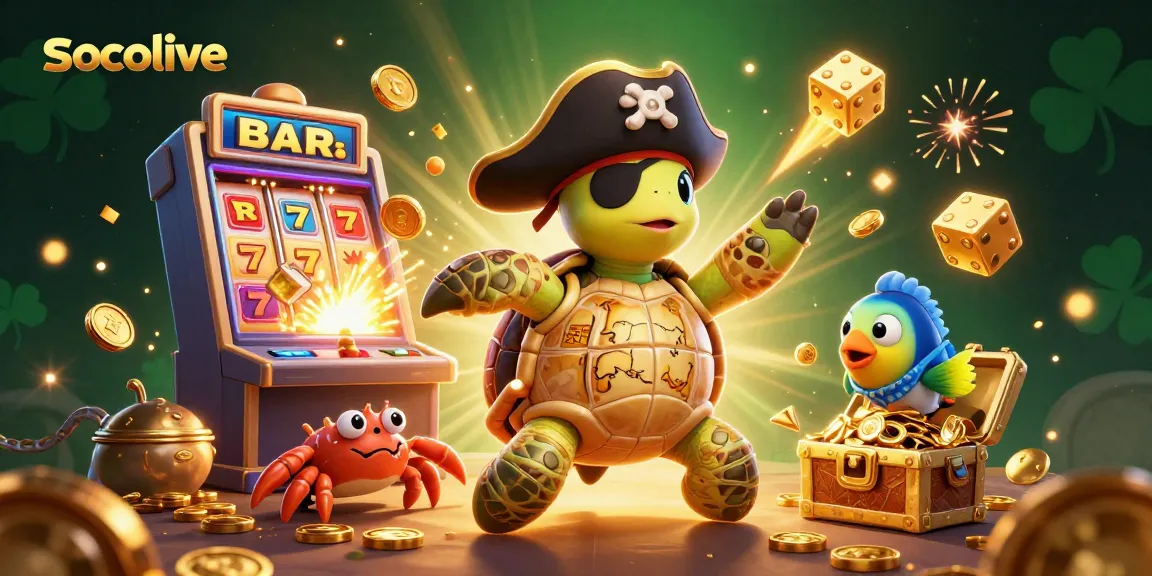 Socolive streaming brings excitement with a 3D pirate turtle among casino symbols and golden treasures.