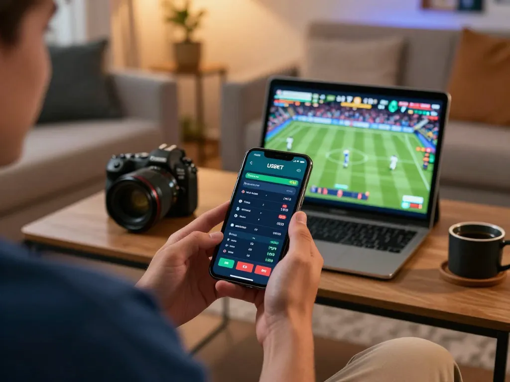Engaged user placing bets via the USBET app in a modern sports-themed home.