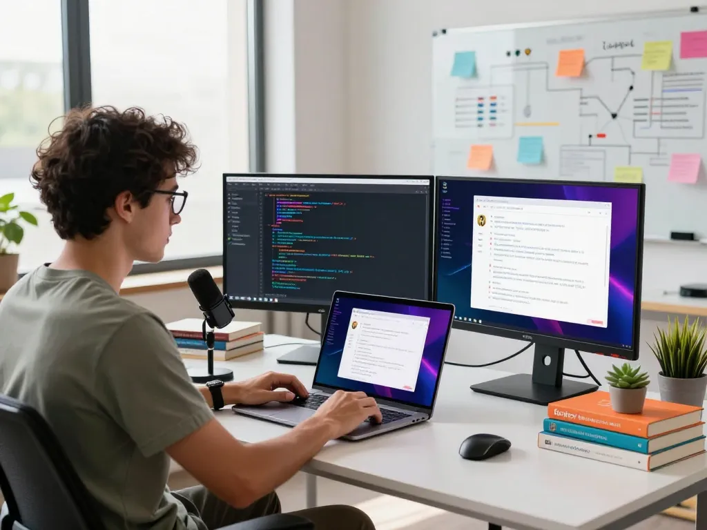 Developer interacting with spicychat AI chatbot in a modern tech workspace, showcasing productivity and innovation.