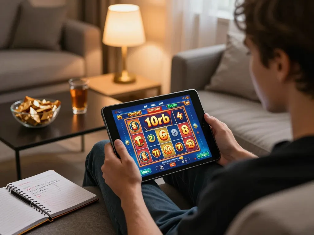Engaging online gambling scene with slot 10rb game interface on tablet, creating a cozy home atmosphere.