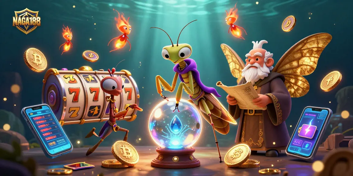 NAGA188 menarik perhatian dengan karakter peluang seperti slot dan koin digital dalam ilustrasi yang penuh warna.