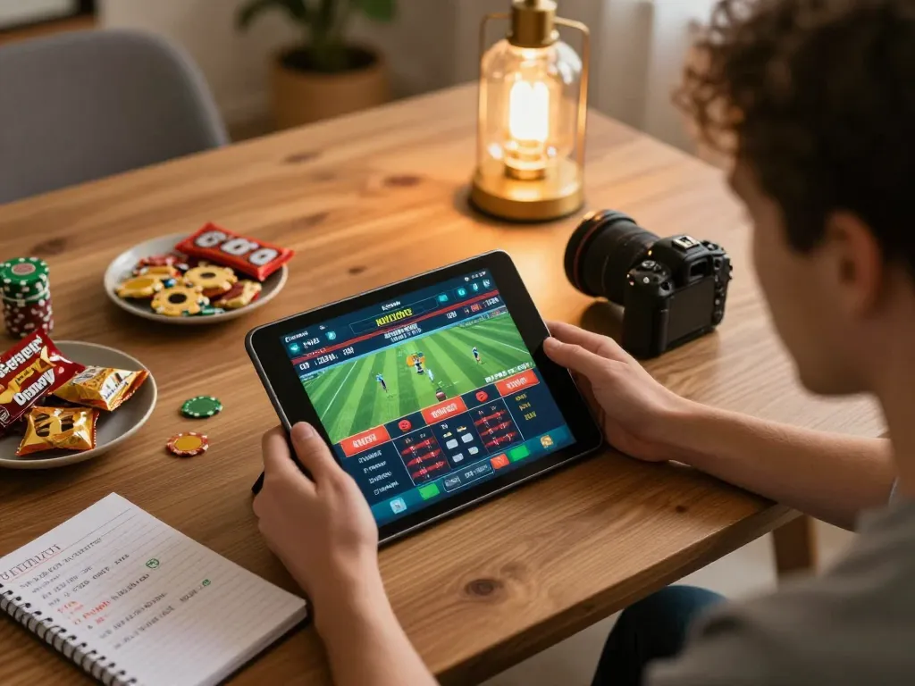 Excited player placing bets on sports using okwin68 platform on tablet in cozy home setting.