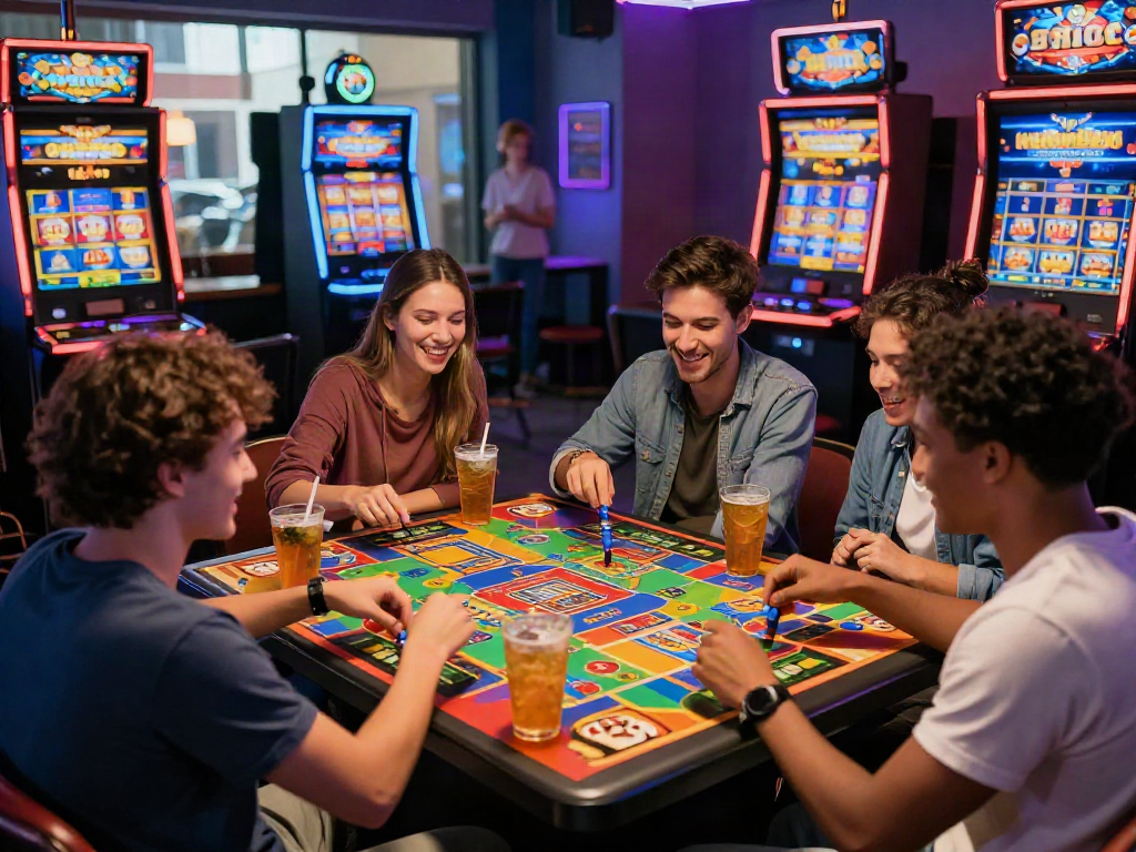 Group of friends enjoying gaming night with slot bonus new member 100 promotions, colorful atmosphere and engaging games.