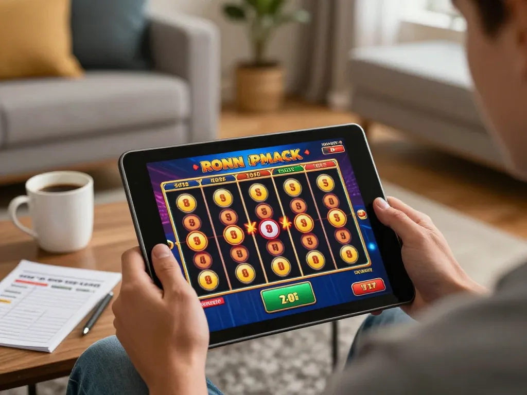 Engaging player enjoying 7hh online slots experience on tablet in a cozy setting.