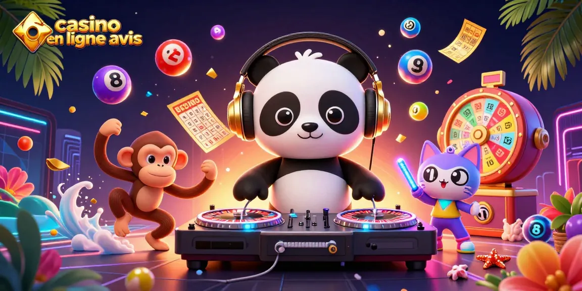 Immergez-vous dans une scène vibrante de casino en ligne avis avec un DJ panda en 3D, un singe breakdance et un chaton.