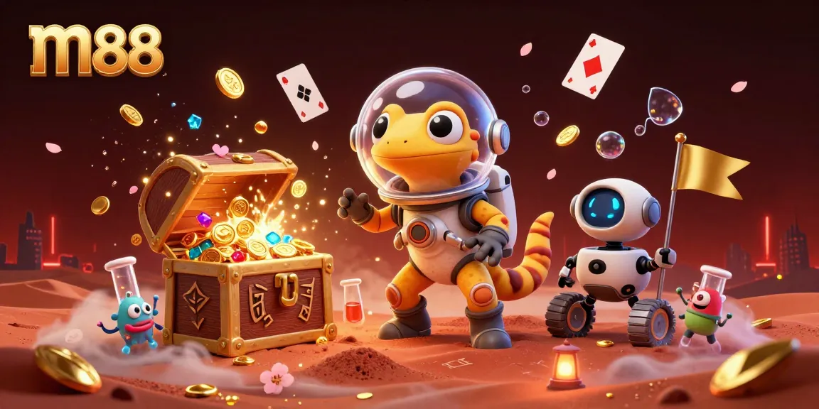 Experience thrilling wins with m88's dynamic casino adventure scene featuring a playful Martian gecko and vibrant gambling elements.