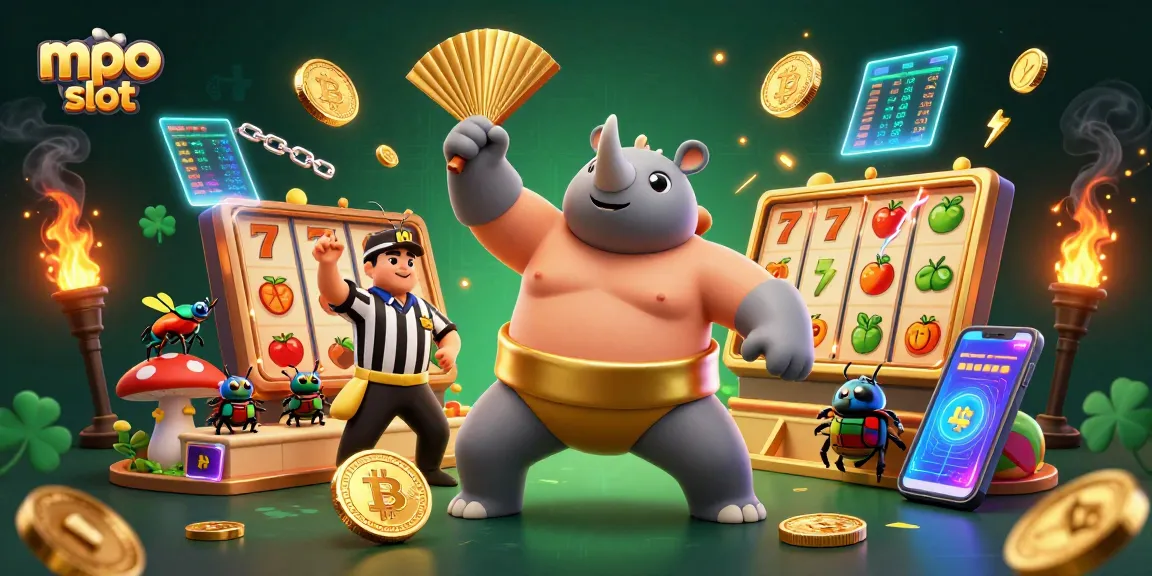 Experience mpo slot action in a vibrant 3D scene with a sumo beetle champion and crypto elements.