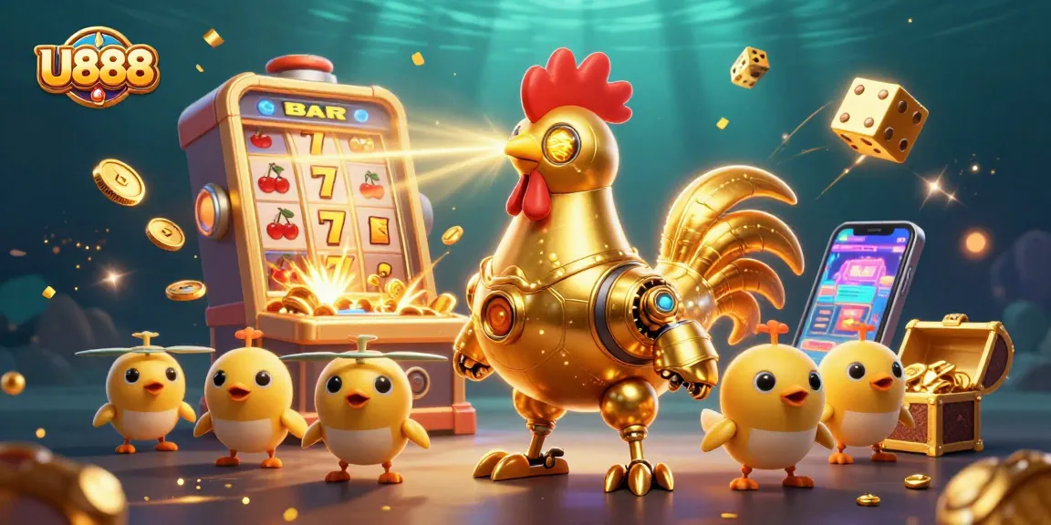 Experience thrilling gaming with U888's cartoon golden rooster robot in a vibrant casino scene.