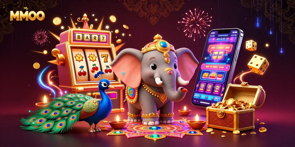 Engage with MMOO in a vibrant casino-themed scene featuring a 3D Diwali elephant alongside lively slot machine action.