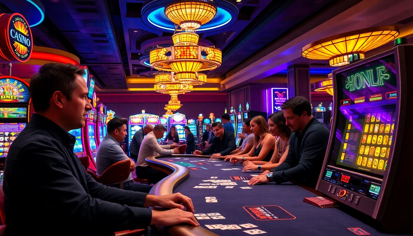 Players engaging at the vibrant casino with GEEK THC-themed slots and tables.