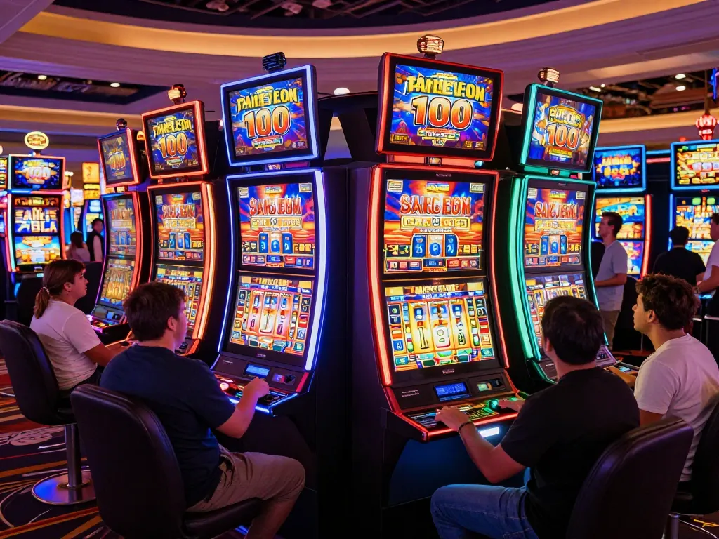 Players engaging in vibrant slot machines while making a slot bet 100 in a lively casino