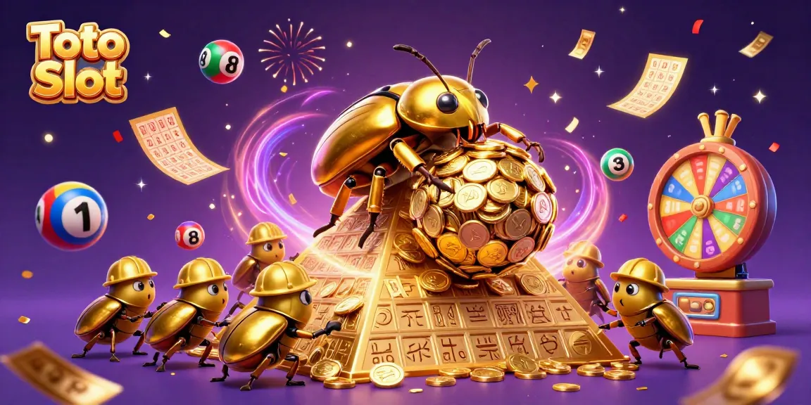 Spin to win with Toto Slot as golden beetles and coins create an exciting casino scene.