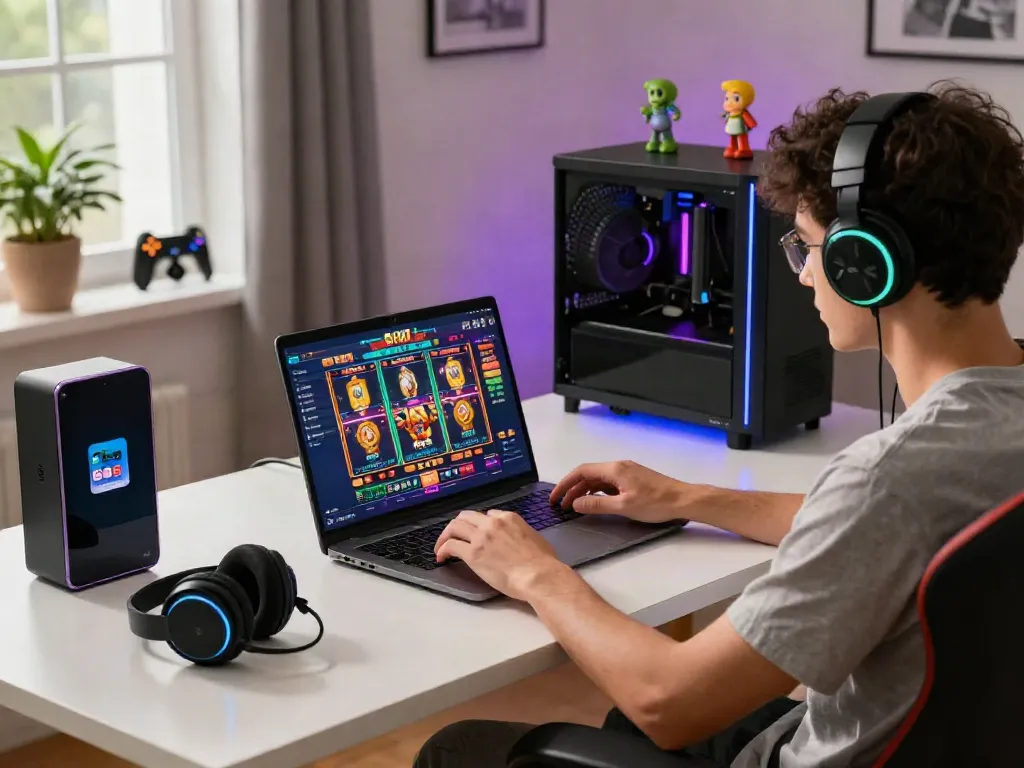 Engaging home office scene with a user playing slot88 on a laptop, surrounded by gaming accessories and vibrant atmosphere.