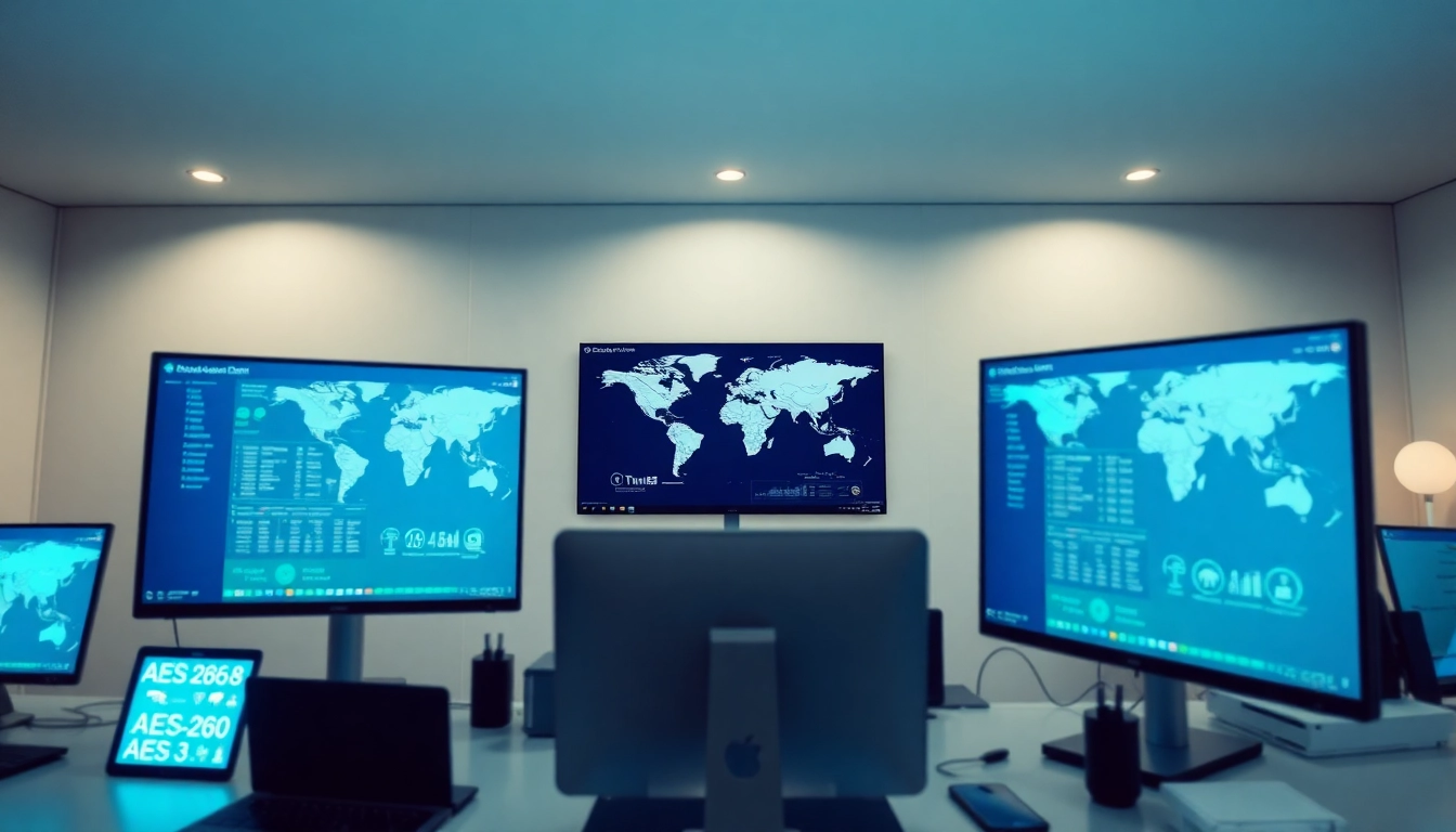 快连官网 interface displayed on multiple monitors in a modern workspace, showcasing global server connectivity and security features.