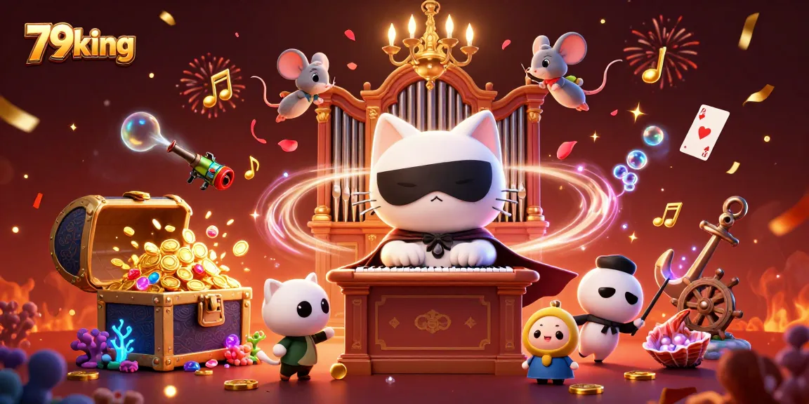 Experience the excitement of 79king with a vibrant 3D casino illustration filled with treasures and magic.