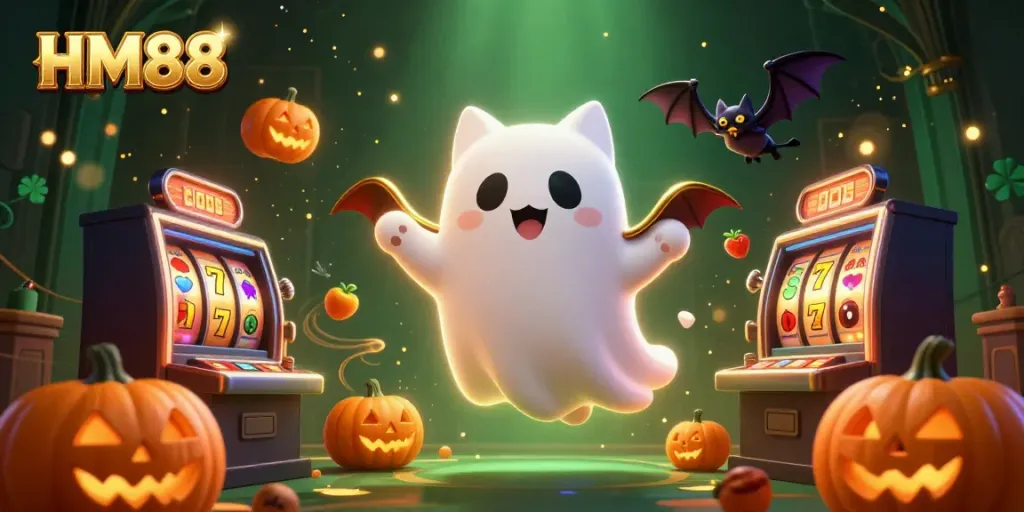 Experience thrilling gameplay with HM88's ghost cat and vampire bat in a vibrant haunted casino.