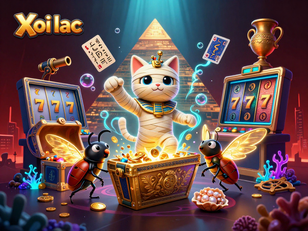 Xoi lac slots theme illustration featuring a mummy cat emerging from a sarcophagus amidst exciting casino elements