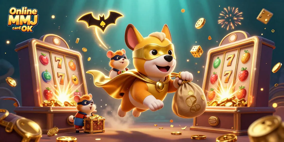 Experience a thrilling adventure with Online MMJ card OK, as a superhero dog and hamster fly among gleaming slot machines and sparkling treasures.