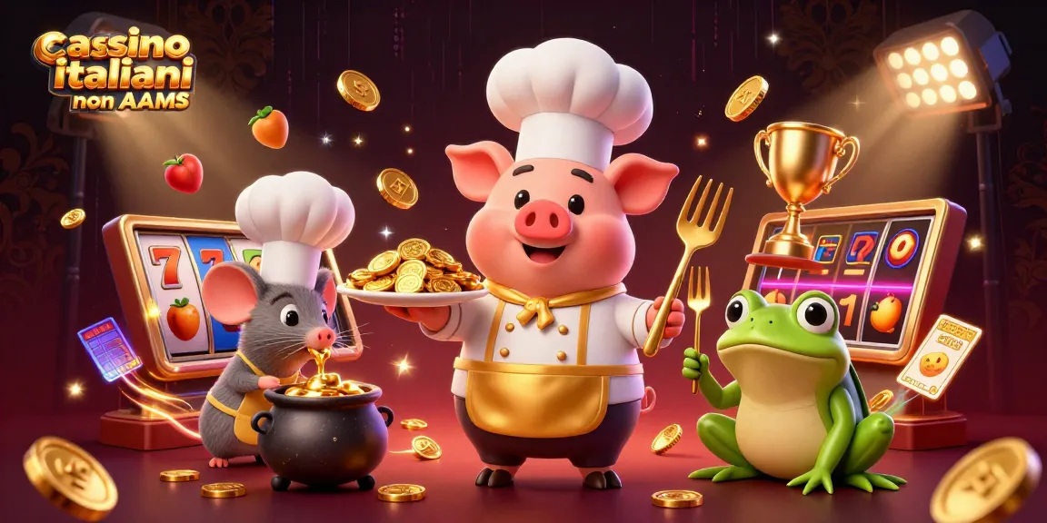 Esplora l'animata scena dei casino italiani non AAMS con un maialino chef che serve monete d'oro, mostrando eccitazione e ricompense.