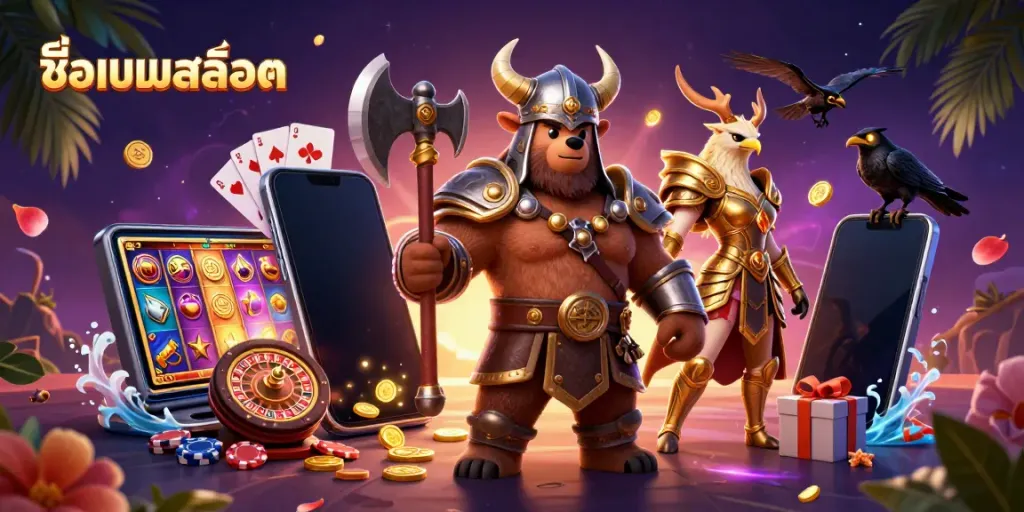 Play interactive and exciting ชื่อเกมสล็อต with vibrant slot game elements and casino characters.