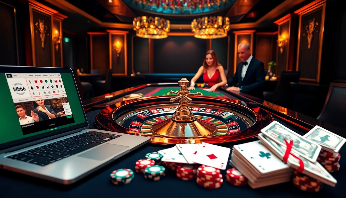 Experience luxury gambling at mb66 with an elegant casino scene featuring vibrant games and professional dealers.
