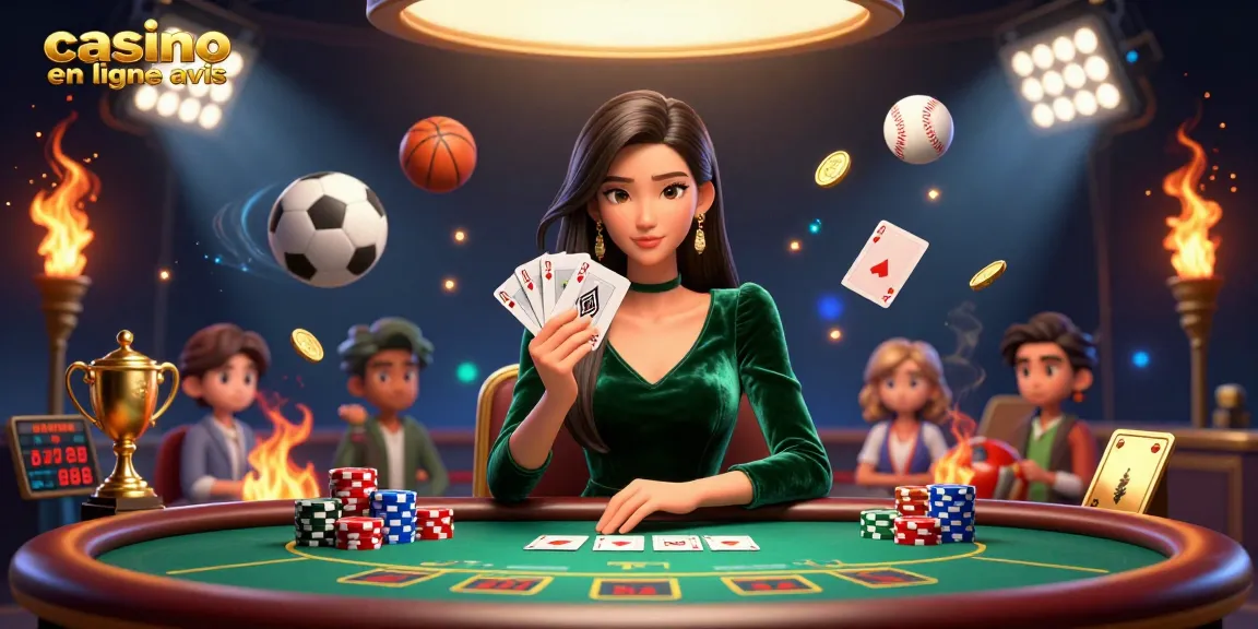 Découvrez le frisson de casino en ligne avis avec notre scène de poker époustouflante mettant en vedette une belle femme et des éléments de jeu dynamiques.