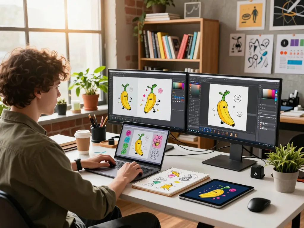 Designer utilizing nano banana in a vibrant studio filled with creative ideas and AI-generated images.