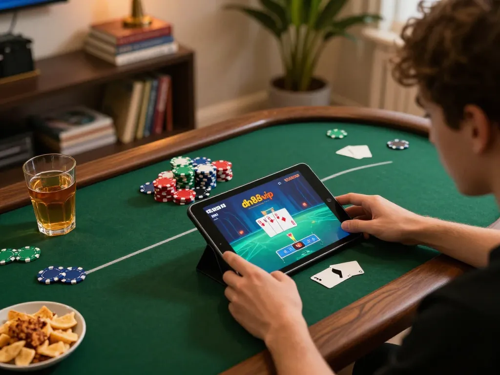 Engage in thrilling online poker gameplay at dh88vip with vibrant chips and cozy atmosphere.