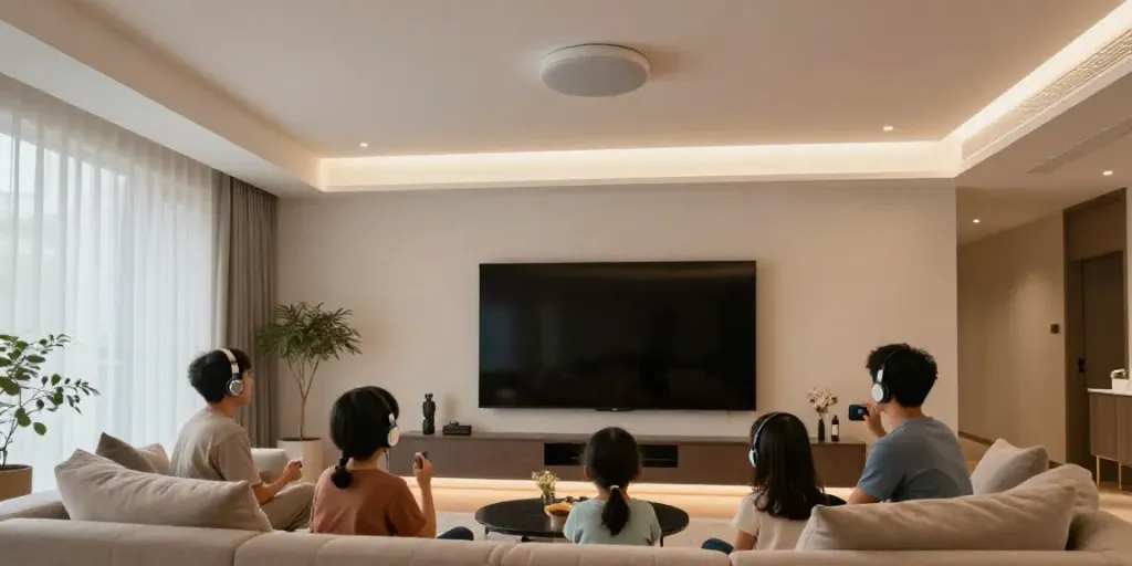 Family enjoying music in a stylish living room with a ceiling speaker.