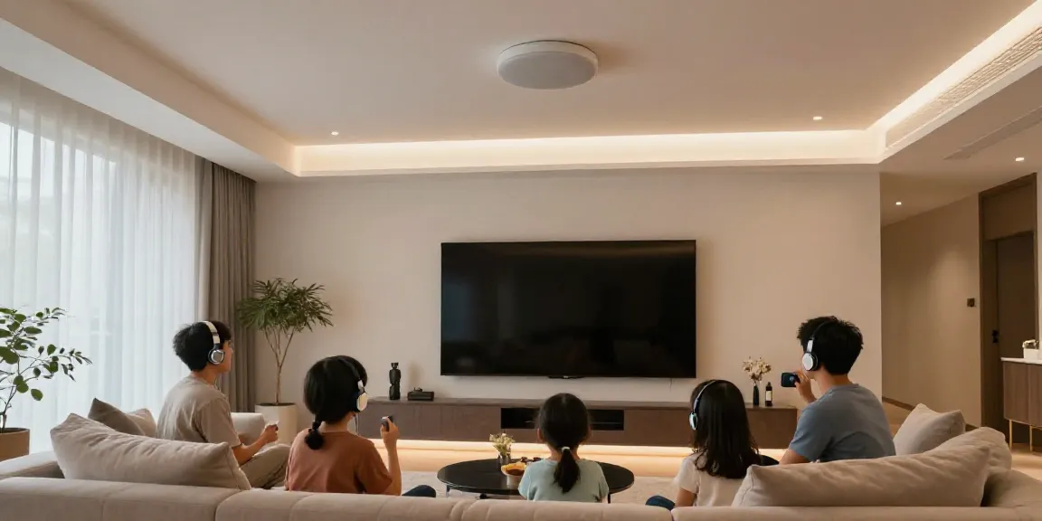 Family enjoying music in a stylish living room with a ceiling speaker.