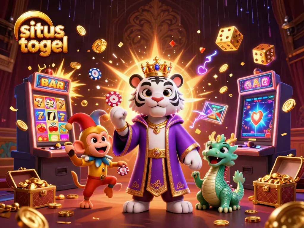Experience exciting situs togel gameplay with a vibrant illustration showcasing a tiger, monkey, and dragon in a casino setting.