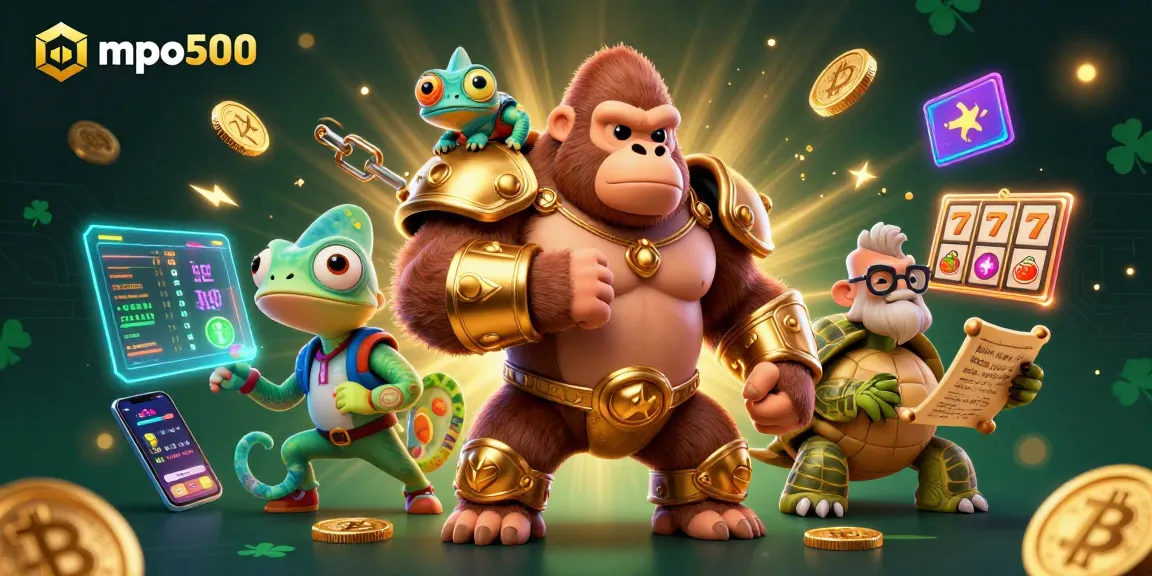 Engage with mpo500 in a vibrant casino scene featuring a powerful gorilla, chameleon, and tortoise amidst slot and crypto elements.