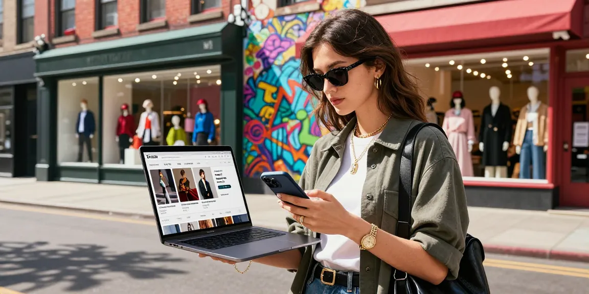 Engaging urban fashion scene showcasing shopping for 레플리카 products in a vibrant street setting.