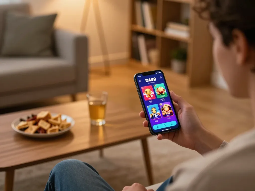 Engaging with DA 88 casino app on smartphone while enjoying a cozy home atmosphere