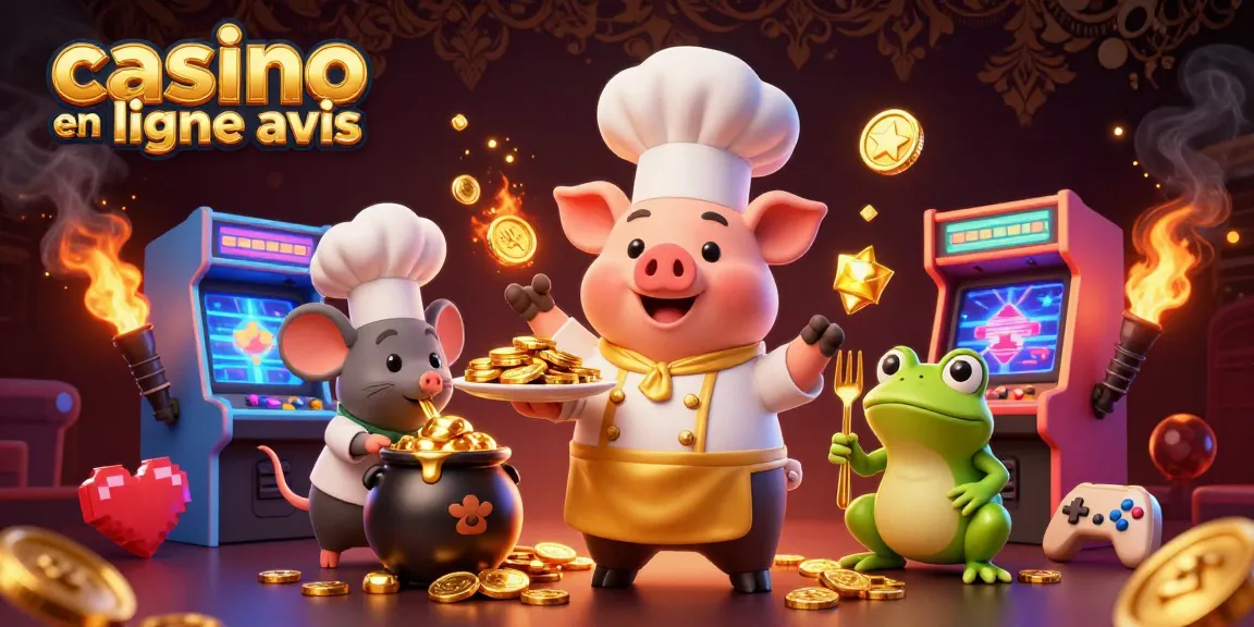 Avis sur les casinos en ligne illustré par un chef cochon offrant des pièces d’or, une scène dynamique captivante.