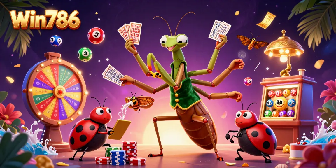Win786 showcases a vibrant casino scene with a giant mantis card sharp, winning lottery balls, and dynamic energy.